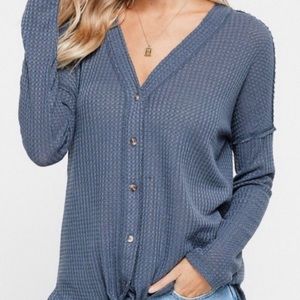 SLATE BLUE WAFFLE KNIT W/SELF TIE